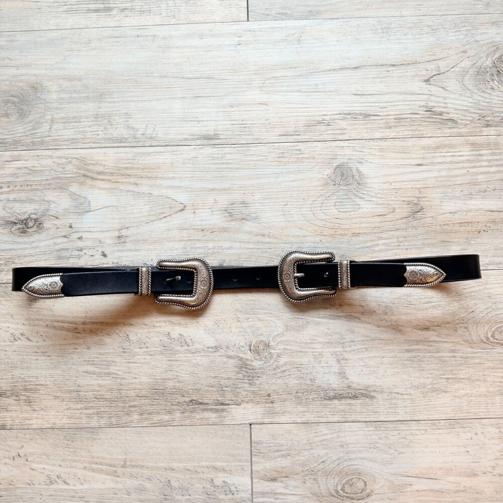 Vintage Western Double Buckle Belt Black Leather Silver Tone Concho Size 38 Y2K